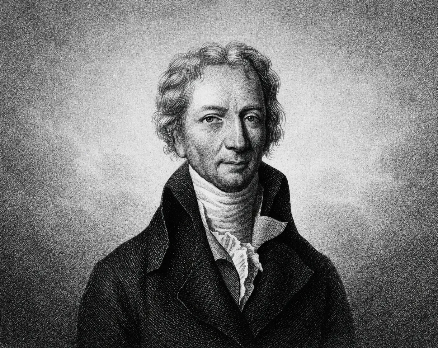 Portrait en noir et blanc d'un homme âgé vêtu d'un manteau et d'une cravate, avec un fond dégradé