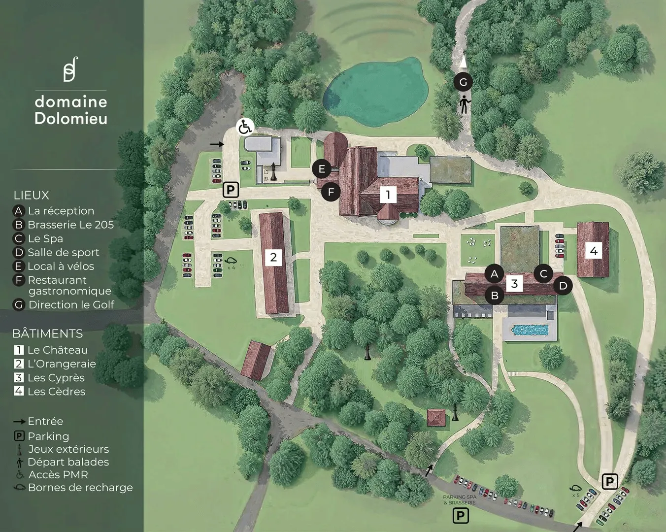 Plan du domaine Dolomieu avec bâtiments, lieux d'intérêt, parkings et accès