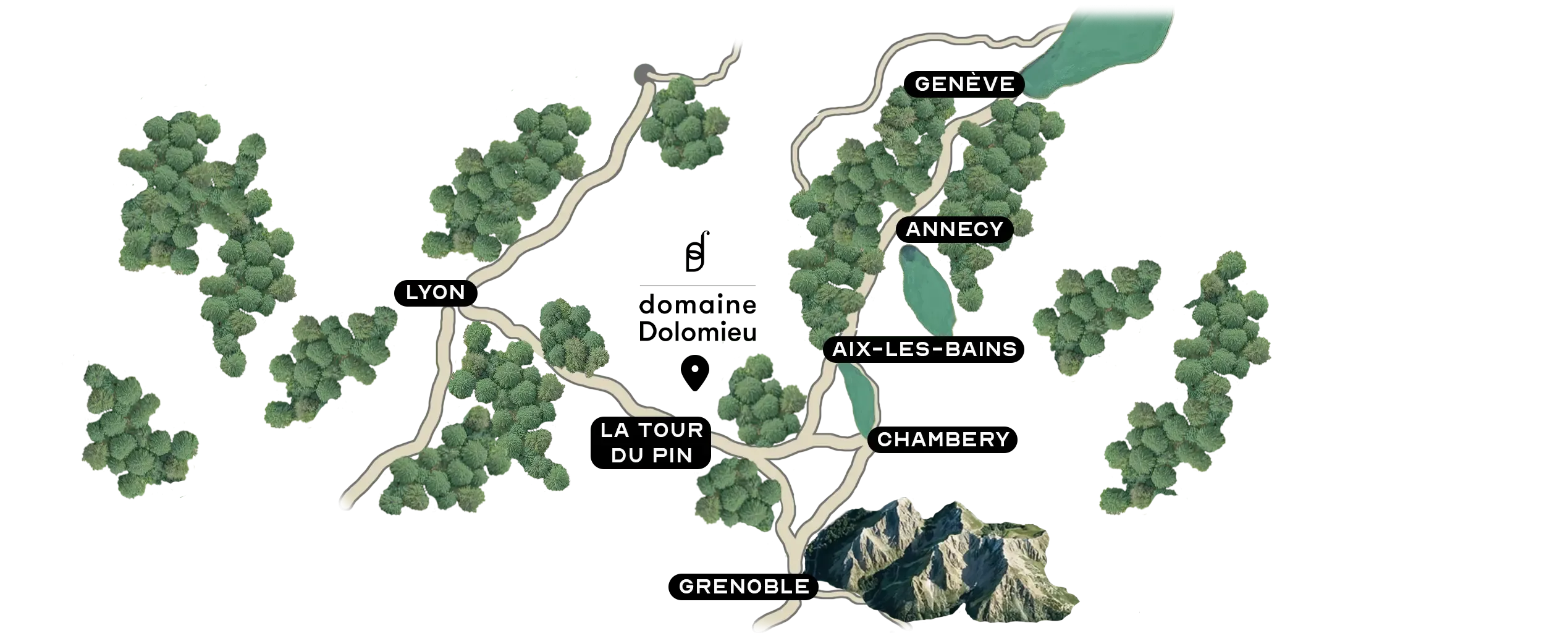 Carte illustrée des villes et régions autour de Lyon, Grenoble et Genève, avec des forêts et des lacs en arrière-plan